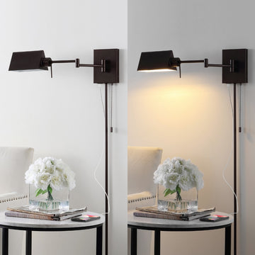 Arlo Farmhouse Industrial Single Swing Arm Plug-In or Hardwired Iron LED Wall Sconce with Pull-Chain - JONATHAN Y